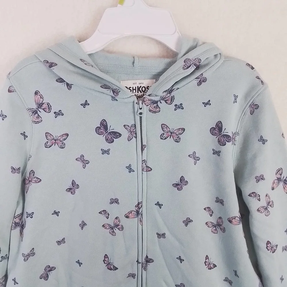OshKosh Fleece Lined Full Zip Hoodie Girls Size‎ 14 in Green w/ Butterfly Theme